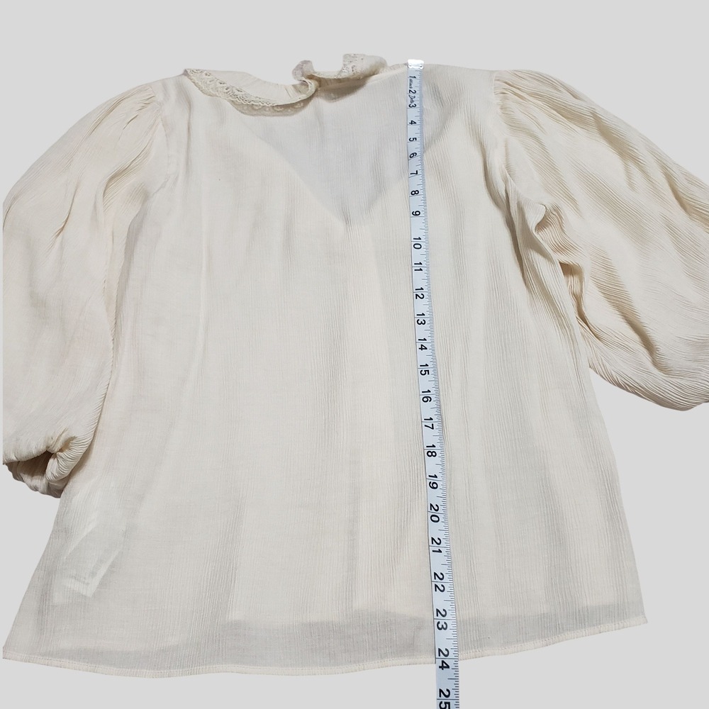 Zara Womens Cream Lace Ruffle V-Neck Button Front Balloon Sleeve Blouse Small - Picture 12 of 12